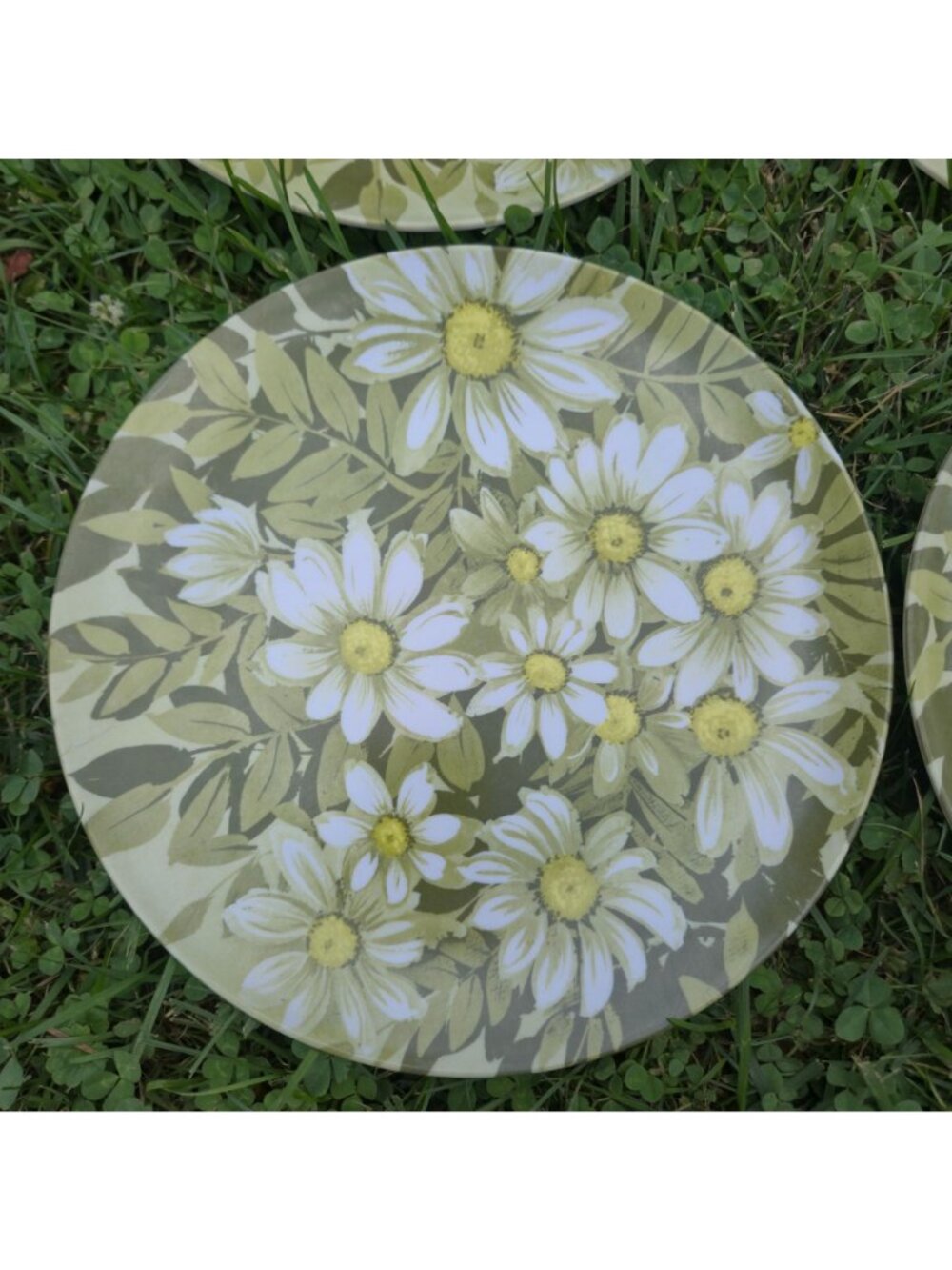 VTG 1970s Melamine Dinner Plates Beverly Prolon Olive Green White Daisy Floral - Picture 5 of 13